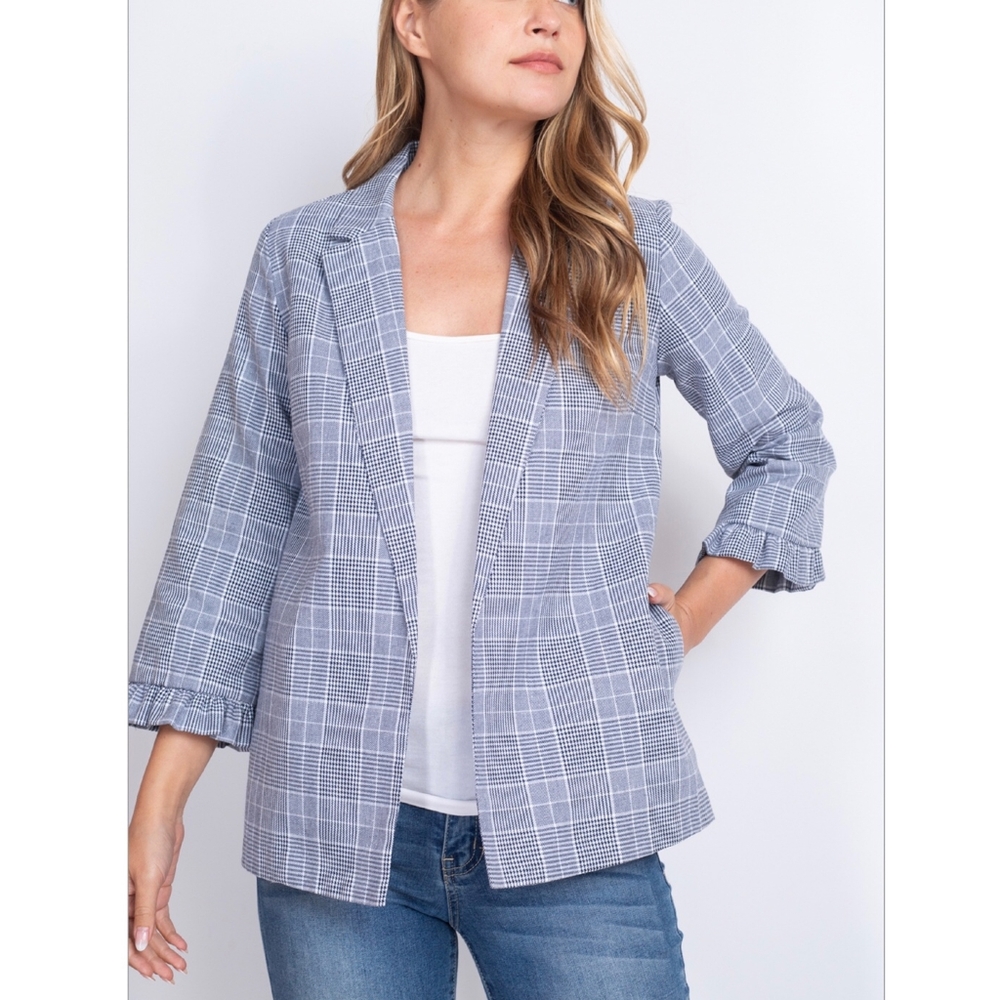 POTTER'S POT Blue Plaid Open 3/4 Sleeves Blazer